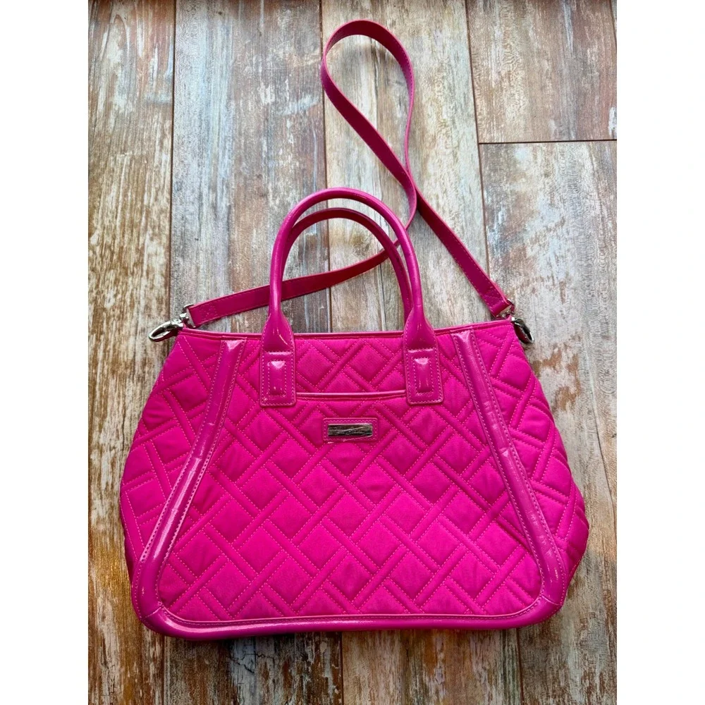 Vera Bradley Trimmed Trapeze Satchel Fuchsia Pink Quilted Nylon Bag